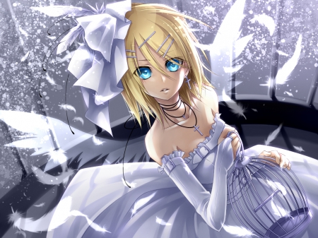 Kagamine Rin - kagamine rin, girl, blue eyes, wings, white, vocaloid, blue, feather, ueno tsuki, dress