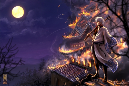 Sakata Gintoki - blue, blossom, guy, spring, night, man, boy, fire, full, luna, castle, jeannette montesinos, moon, sakura, orange, sakata gintoki, fantasy, temple, asian