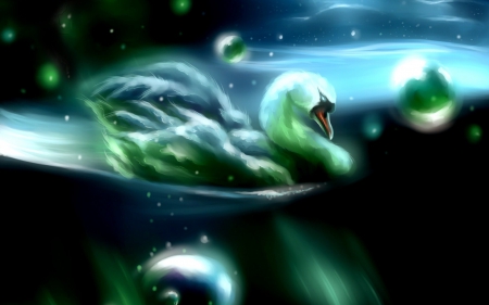 Swan - black, bird, water, bubbles, blue, art, swan, fantasy, luminos, green