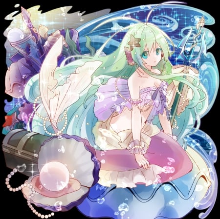 Lil' Mermaid - pretty, anime, kawaii, female, dress, green hair, tail, long hair, shell, mermaid, treasure, trident, hd, weapon, nice, anime girl, water, hot, girl, lovely, jewel, sweet, cg, fantasy, underwater, bubbles, cute, adorable, sexy, pearl