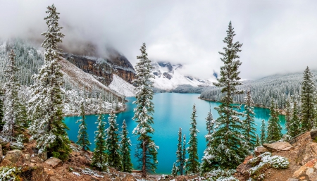 Winter Scene of Moraine Lake - lake, mountains, canada, nature, snow