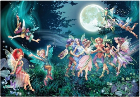 FAIRIES & ELVES DANCING - moon, elves, forest, fairies, dancing