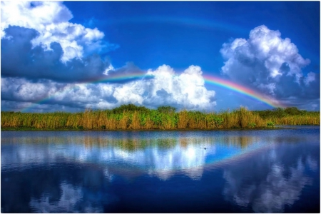 RAINBOW REFLECTIONS - reflections, sky, rainbow, lake, clouds