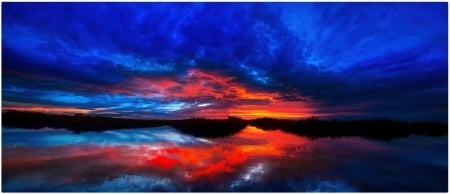 SUNSET REFLECTIONS - SUNSET, WATER, SKY, REFLECTION, RED, BLUE