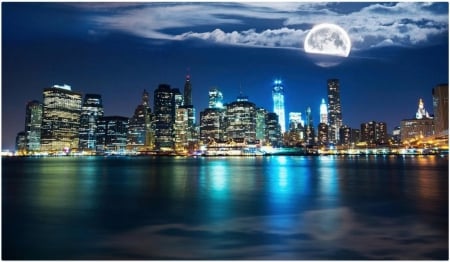 MOON OVER NEW YORK - moon, sky, reflection, clouds, night, city, lights