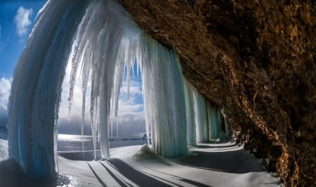 Ice Falls - ice, frosty, winter, stalactites, cold, snow, beautiful, clouds, canada, rock, sea, light and shadow