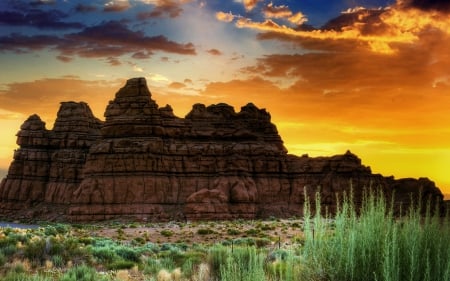 breath taking sunset - rock, grass, sunset, sky