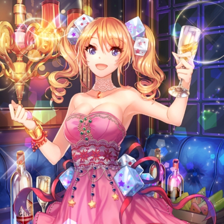 A Toast - pretty, anime, twin tail, kawaii, female, twintail, dress, blonde, blond hair, pink, long hair, happy, wine, blond, nice, smiling, gown, anime girl, bottle, twintails, beautiful, hot, girl, blonde hair, beauty, lovely, sweet, drink, smile, glasses, cute, sexy