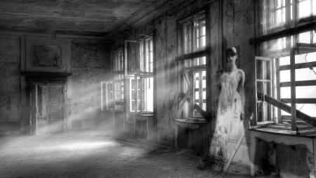 art - woman, sunlight, light, bw, dust, ghost, abstract, art, window, manipulation