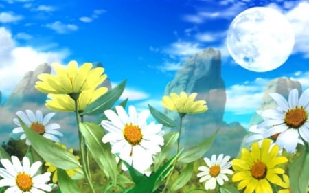 Beautiful Flowers - flowers, moon, sky, art