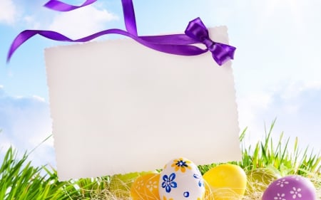 Happy Easter! - white, purple, bow, yellow, card, easter, green, egg