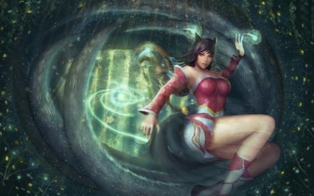 Ahri - game, nine tailed, league of legends, fox, girl, ahri, red, green, woman, art