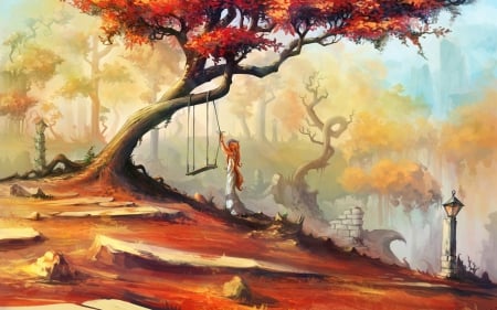 Her secret place - autumn, redhead, girl, place, fantasy, art, luminos, swing, orange, tree