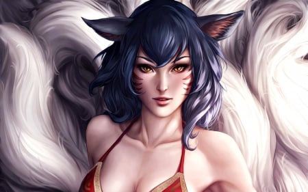 Ahri - game, nine tailed, league of legends, ears, fox, girl, aivablue, fantasy, white, red, woman, art