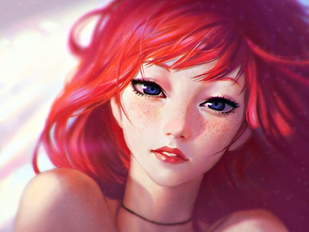 Freckles - woman, redhead, girl, blue eyes, freckles, fantasy, kronpr1nz, face, art