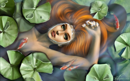 Nymph - water, girl, orange, nymph, fantasy, redhead, mermaid, green, fish, leaf, kirstycarter, art