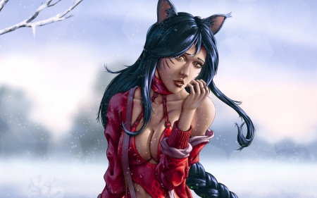 Ahri - woman, girl, winter, fox, ears, art, game, league of legends, red, ahri