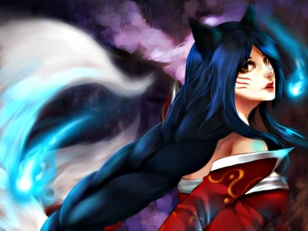 Ahri - red, purple, black, game, allenerie, girl, fox, blue, art, white, ahri, nine tailed, fantasy, league of legends, woman