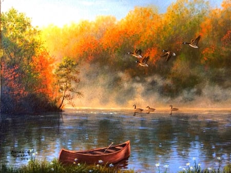 Smoke on the Lake - trees, flying birds, beautiful, paintings, colors, lovely, boats, fall, nature, autumn, lakes, love four seasons