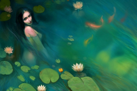 The Lotus Pool - women, lotus, fantasy, water, mermaid, magic, fish