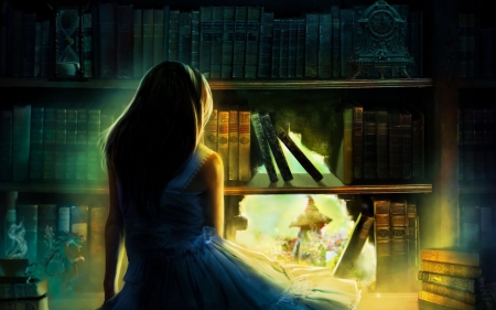 The magical bookshelf - fantasy, bookshelf, woman, book, magical