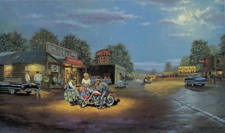 Outside Bill and Bob's - motorbikes, cars, station, service, route 66