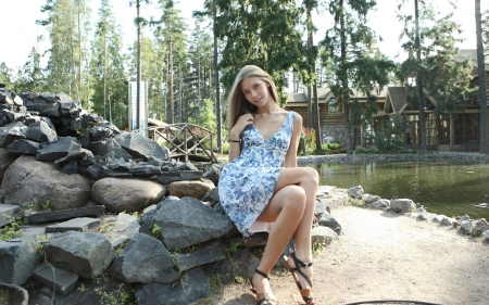 Beautiful Blonde - house, Beautiful blonde, woman, beautiful, girl, lake, forest