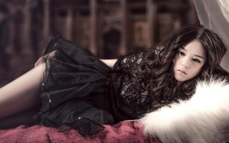 Oriental woman - bed, beautiful, black clothes, girl, Oriental woman, lying, brown hair