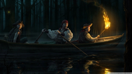 pirates night - night, water, tree, fire, torch, pirate, boat