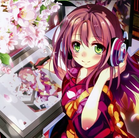 kimono girl - pretty, drawing, anime, headphones, sakura flowers, girl, kimono