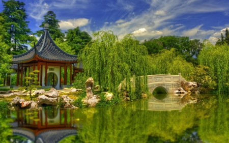 Chinese garden - summer, garden, sky, lakes, pond, bridge, tree