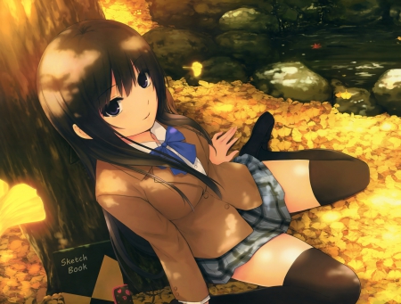 Tree Shade - nice, beauty, sitting, female, anime girl, book, brown hair, pretty, anime, cute, sit, girl, adorable, long hair, resting, lovely, gold, cg, school uniform, hd, kawaii, shades, beautiful, rest, leaves, sweet, shadow