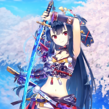 Oni Sword - hot, anime girl, black hair, art, purple, cherry blossom, petals, katana, sexy, lady, long hair, beautiful, pink, top, sweet, woman, nice, beauty, sky, female, armor, blade, red eyes, pretty, anime, sword, tree, cute, girl, samurai, lovely, cg, blue hair, devil, hd, cherry tree, horn, blue, weapon, blossom, flower