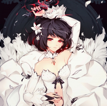 White Swan - pretty, anime, divine, female, blossom, maiden, dress, short hair, gorgeous, hd, nice, gown, anime girl, beautiful, girl, simple, feather, beauty, lovely, brown hair, sweet, flower, petals, cg, white, lady, black hair, angelic