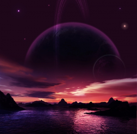 DAYDREAM ADDICTION - MOUNTAINS, PLANETS, PINK, SPACE, WATER, SKY, STARS, PURPLE, NIGHT