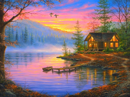 Morning Mist - beautiful, paintings, sunrise, colors, morning, lovely, boats, fall, nature, autumn, mist, cabins, landscapes, lakes, love four seasons