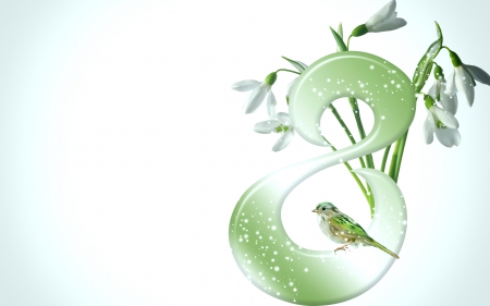 Happy Mother's Day! - day, mother, snowdrops, spring, bird, white, march, green, card, 8, flower