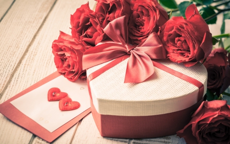 Happy Valentine' s Day! - gift, heart, valentine, rose, bow, box, pink, red, flower