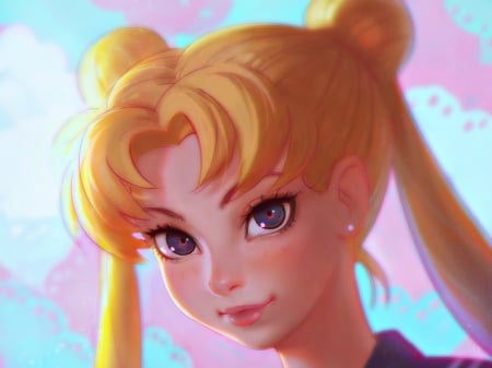 Serenity - face, kronpr1ntz, pink, blonde, yellow, anime, serenity, girl, blue, manga, art, fantasy, sailor moon, woman