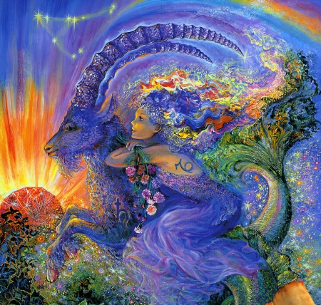 Zodiac ~ Capricorn - flower, animal, zodiac, girl, blue, art, creature, fantasy, capricorn, orange, woman, josephine wall, horns, green