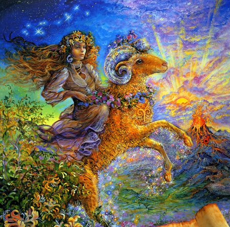 Zodiac ~ Aries - zodiac, girl, fantasy, horns, sheep, art, josephine wall, orange, aries, goat