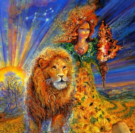 Zodiac ~ Leo - woman, zodiac, lion, girl, sun, fantasy, fire, art, blue, josephine wall, orange, leo, green