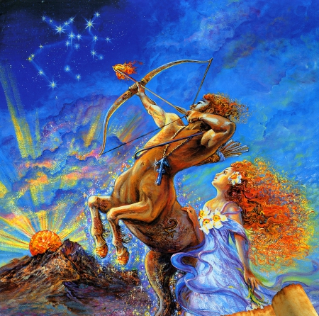 Zodiac ~ Sagittarius - josephine wall, sagittarius, archer, blue, girl, orange, man, arrow, fantasy, zodiac, art