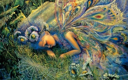 Little fairy sleeping - spider, yellow, blue, girl, child, web, fantasy, sleep, wings, butterfly, fairy, art