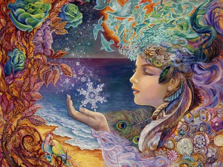 Snowflake - josephine wall, water, beach, girl, sea, orange, fantasy, snowflake, art