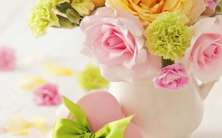 Happy Easter! - flower, rose, pink, egg, vase, yellow, easter, white, card, bow, green