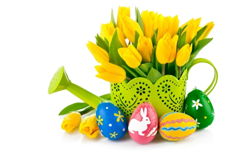 Easter~Spring - easter, tulips, bunny, spring, vase, eggs, watering can, hearts, flowers