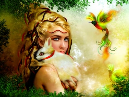 Spring Love - woman, rabbit, birds, magic