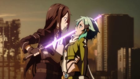 Kirito & Sinon - girls, manga, game, anime, sword, long hair, sinon, kirito