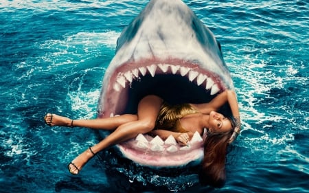 rihanna - shark, water, rihanna, woman